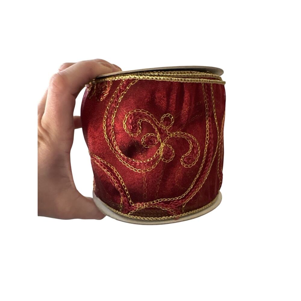 Christmas Red Gold Swirl Wired Sheer Ribbon 4” x 10 Yards Holiday Decor